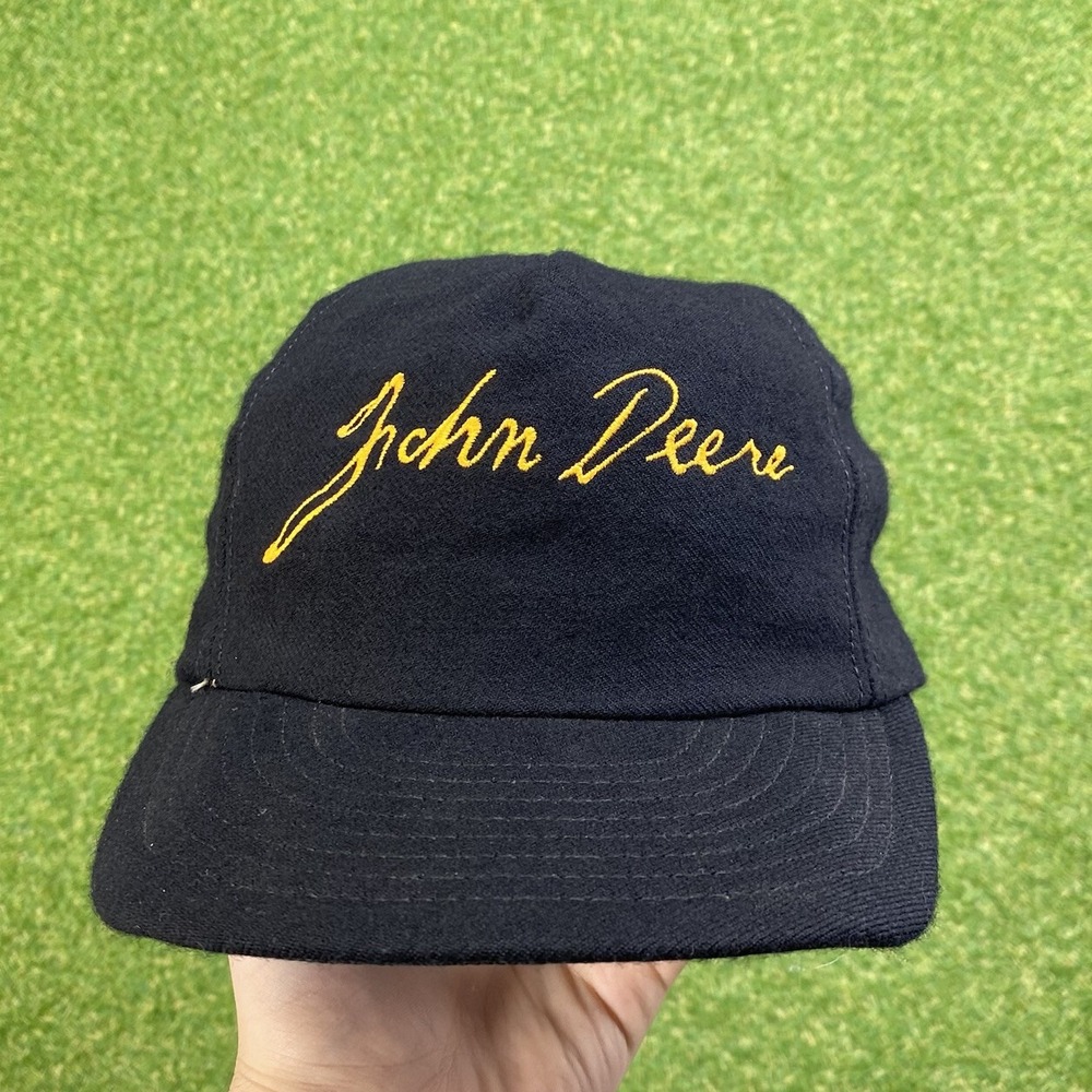 Vintage John Deere Snapback Hat Louisville Mfg. Black Cursive Script 1990s OSFA